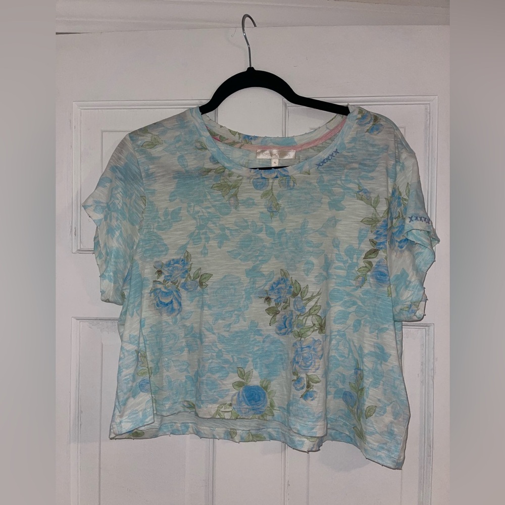 LoveShackFancy Blue Floral Short Sleeve Top